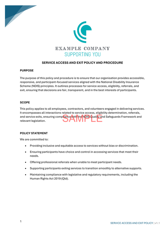 Service Access and Exit Policy - ISW - NDIS compliance document for Independent Support Workers and Providers.