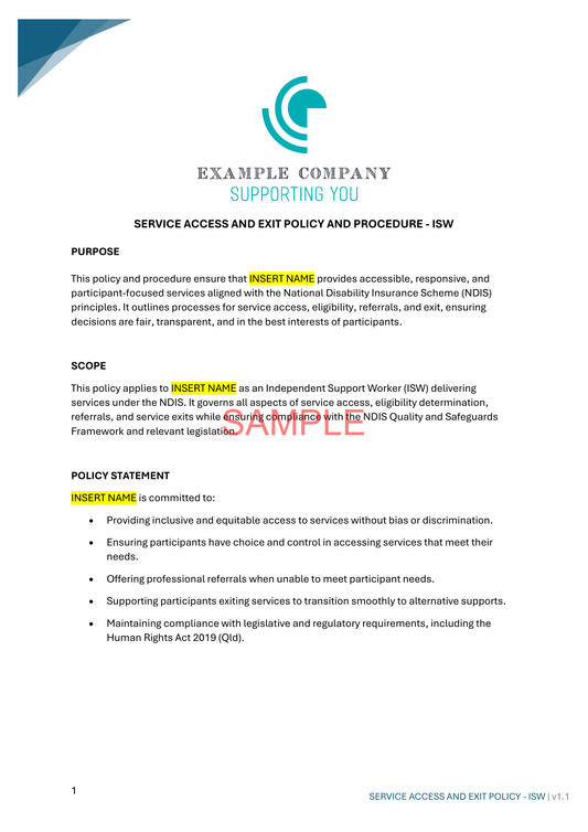 Service Access and Exit Policy - NDIS compliance document for Independent Support Workers and Providers.