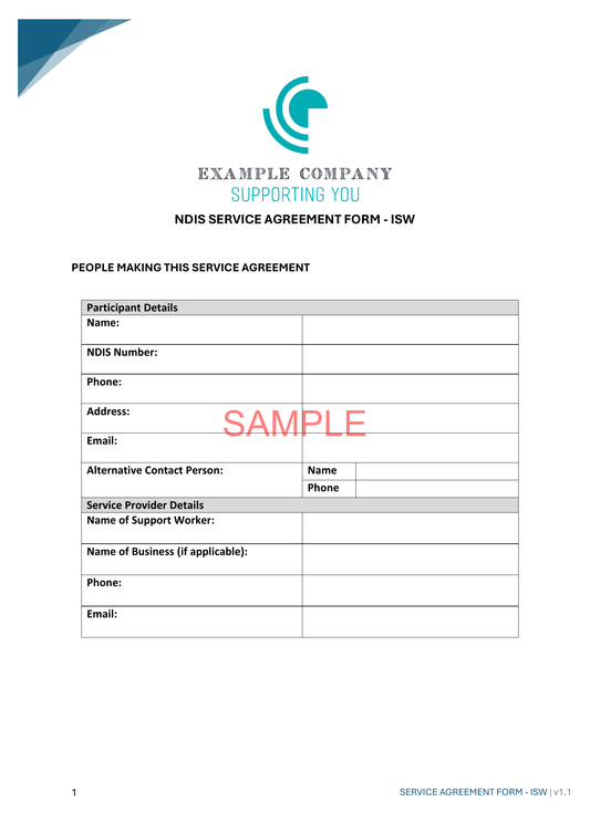 Service Agreement Form - ISW - NDIS compliance document for Independent Support Workers and Providers.