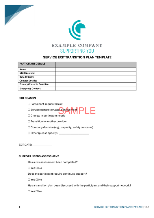 Service Exit Transition Plan Template - NDIS compliance document for Independent Support Workers and Providers.