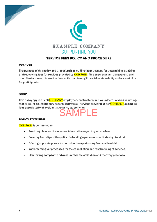 Service Fees Policy and Procedure - NDIS compliance document for Independent Support Workers and Providers.
