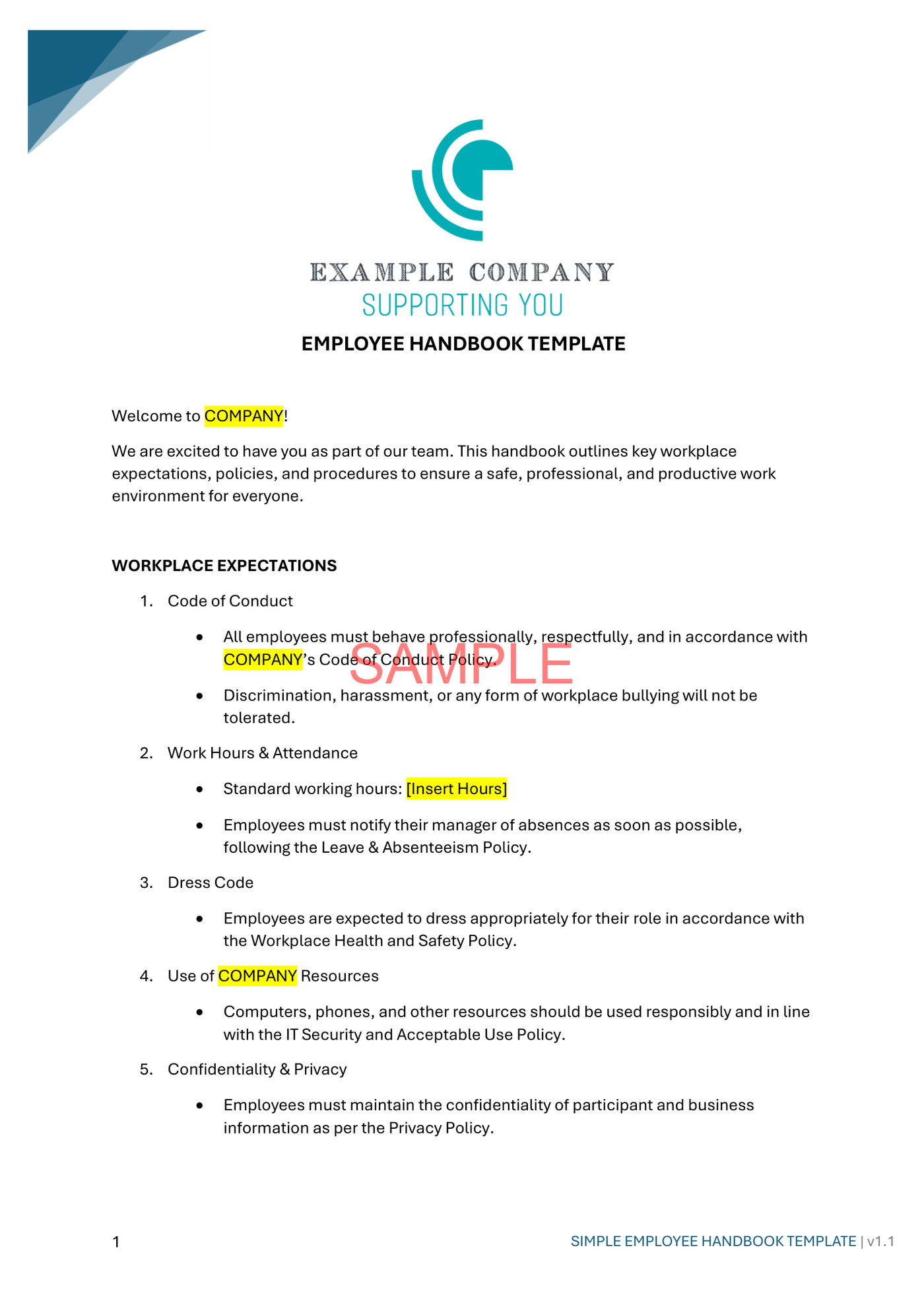 Simple Employee Handbook - NDIS compliance document for Independent Support Workers and Providers.