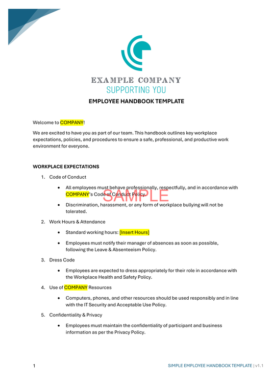 Simple Employee Handbook - NDIS compliance document for Independent Support Workers and Providers.