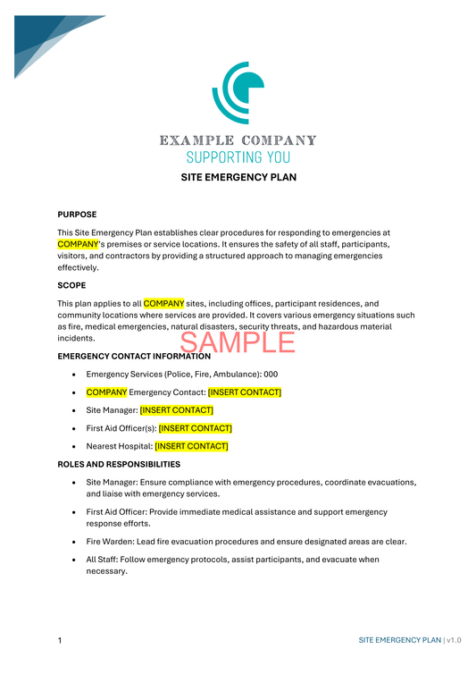 Site Emergency Plan - NDIS compliance document for Independent Support Workers and Providers.