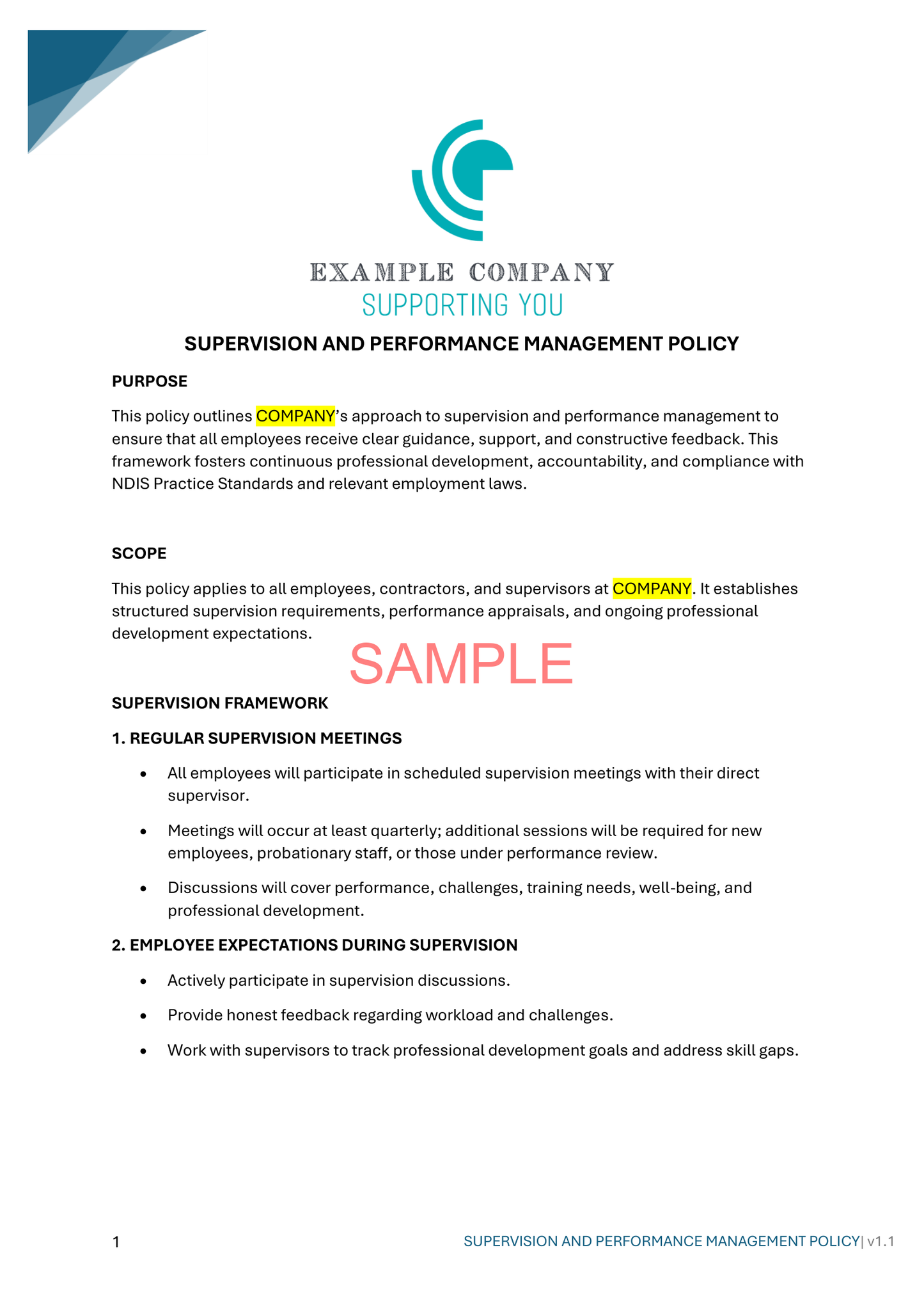 Supervision and Performance Management Policy - NDIS compliance document for Independent Support Workers and Providers.