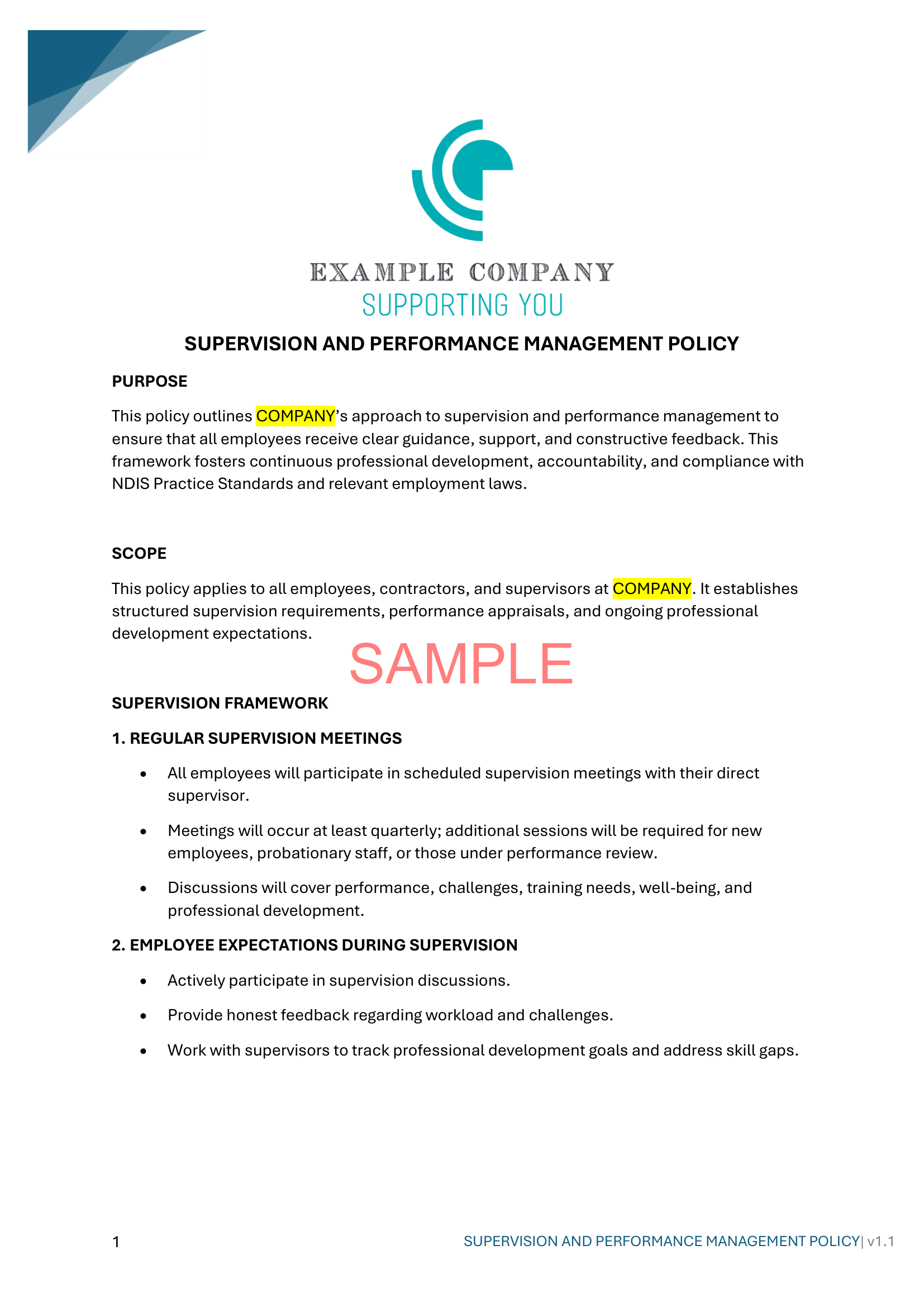 Supervision and Performance Management Policy - NDIS compliance document for Independent Support Workers and Providers.