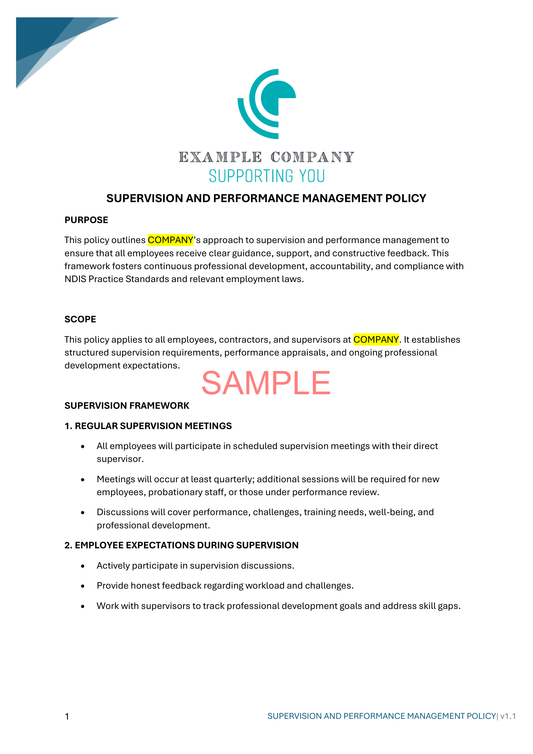 Supervision and Performance Management Policy - NDIS compliance document for Independent Support Workers and Providers.