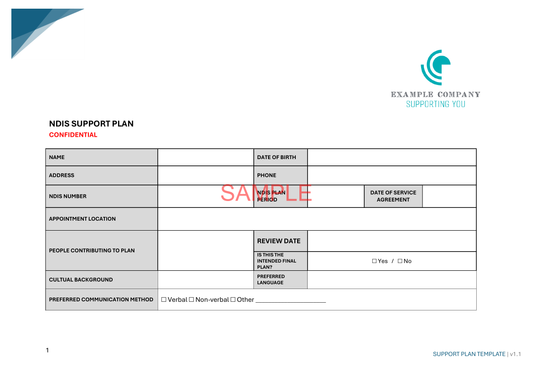 Support Plan Template - ISW - NDIS compliance document for Independent Support Workers and Providers.