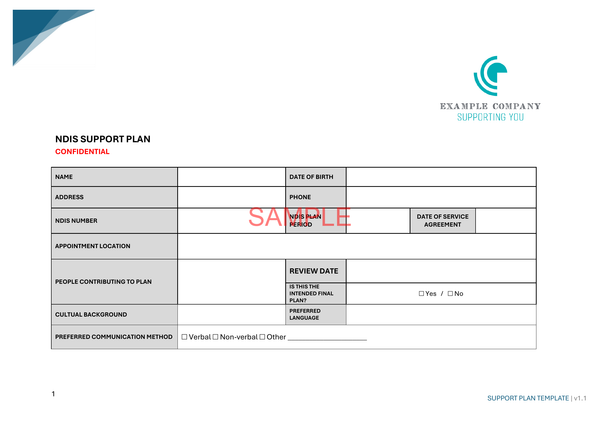 Support Plan Template - ISW - NDIS compliance document for Independent Support Workers and Providers.