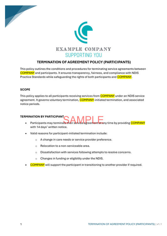 Termination of Agreement Policy (Participants) - NDIS compliance document for Independent Support Workers and Providers.