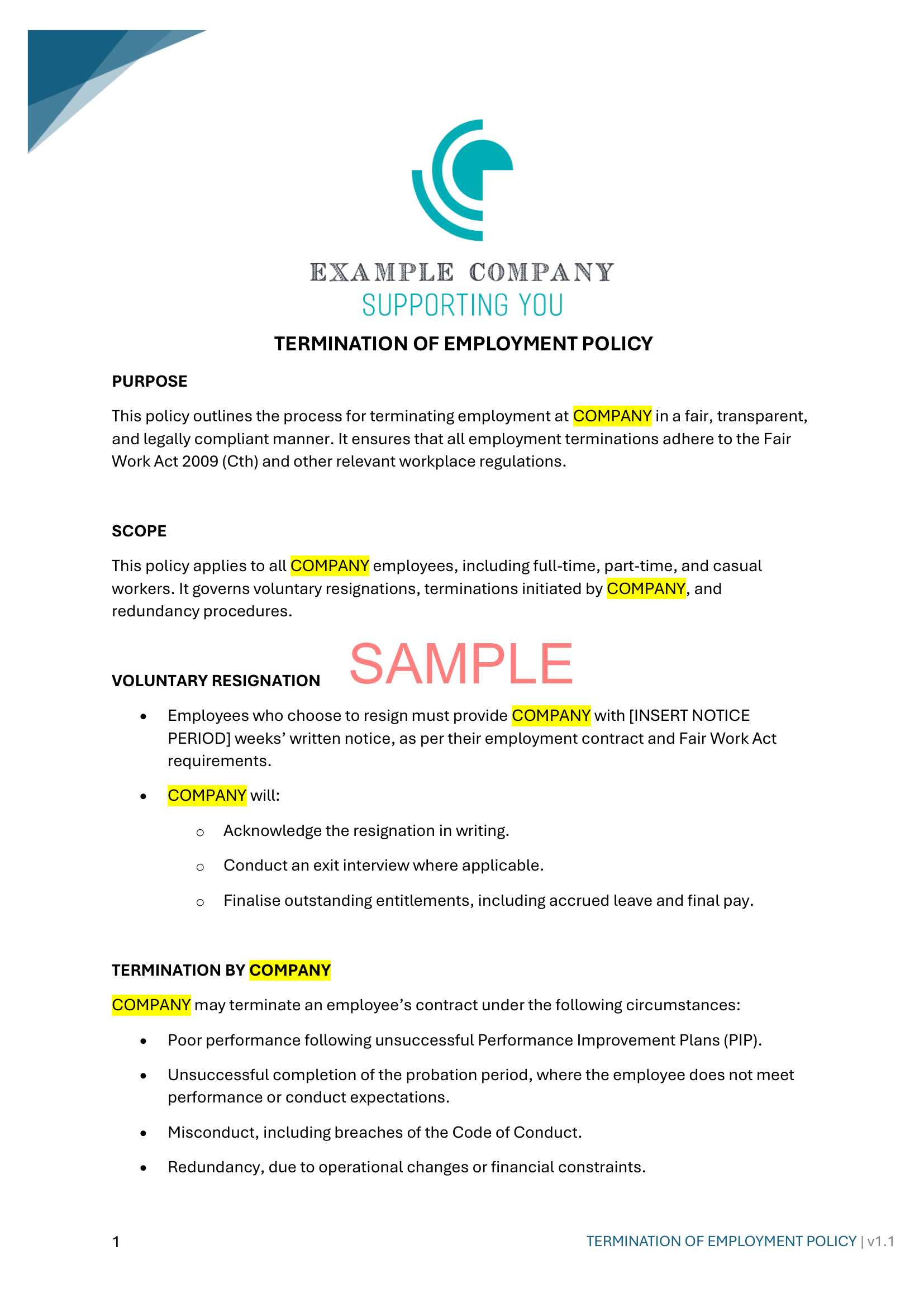 Termination of Employment Policy (Staff) - NDIS compliance document for Independent Support Workers and Providers.