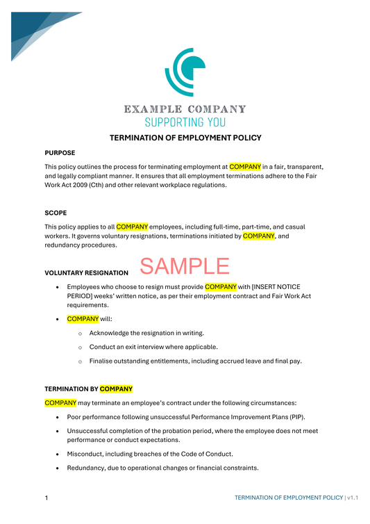 Termination of Employment Policy (Staff) - NDIS compliance document for Independent Support Workers and Providers.