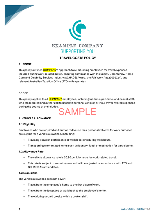 Travel Costs Policy - ISW - NDIS compliance document for Independent Support Workers and Providers.