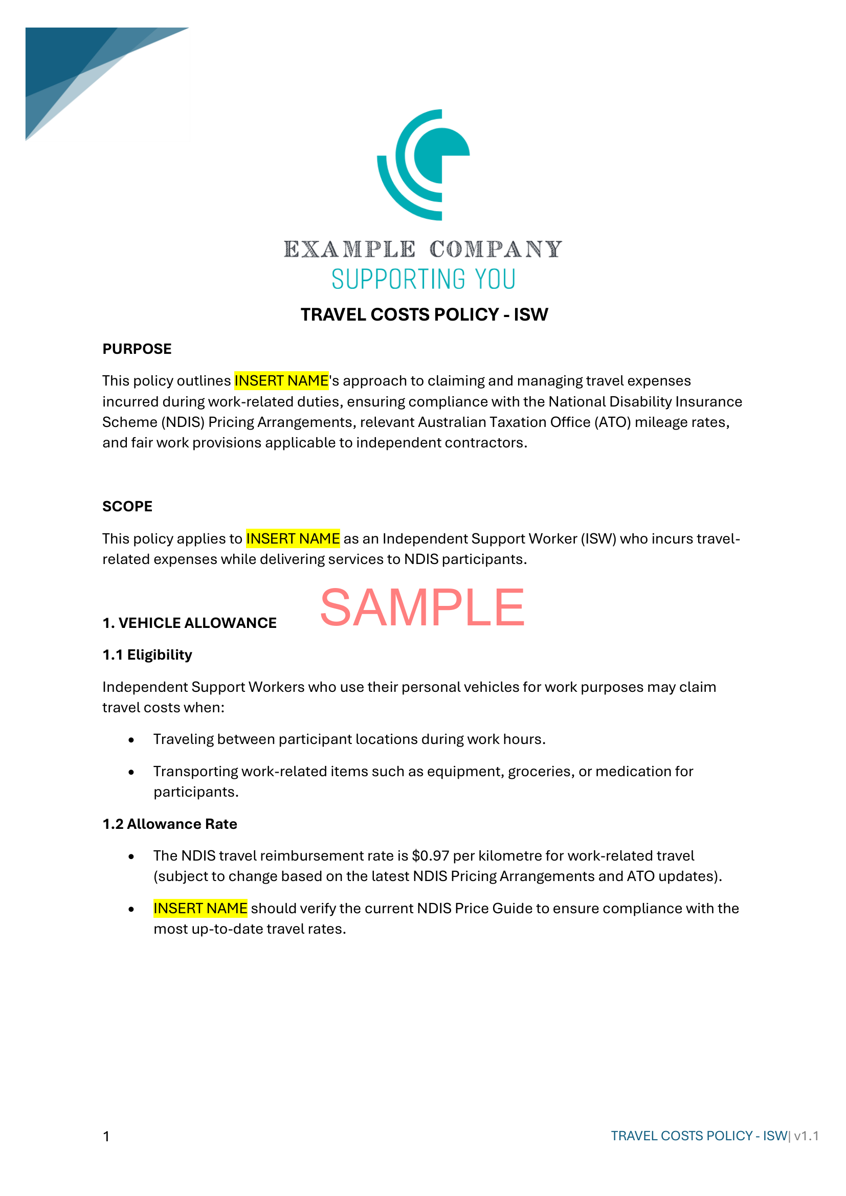 Travel Costs Policy - NDIS compliance document for Independent Support Workers and Providers.