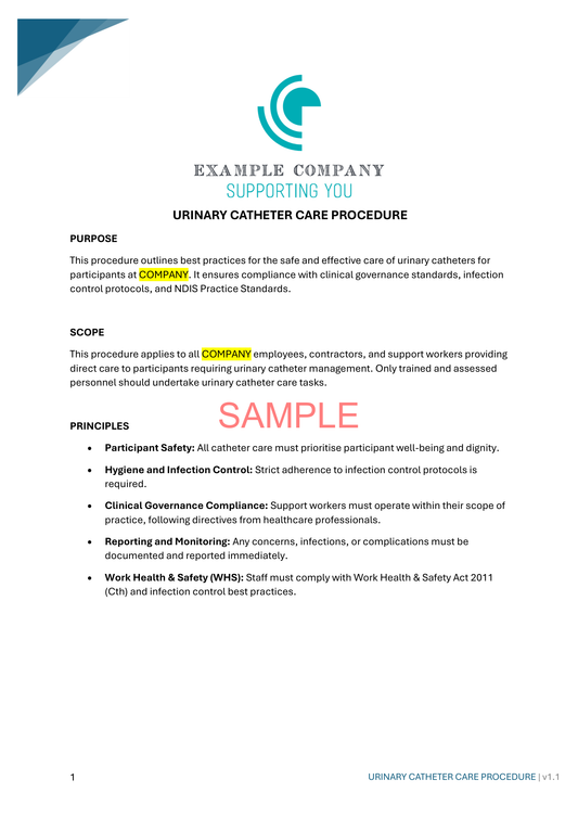 Urinary Catheter Care Procedure - NDIS compliance document for Independent Support Workers and Providers.