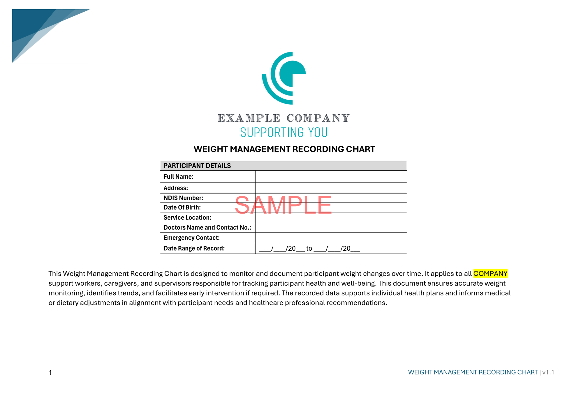 Weight Management Recording Chart - NDIS compliance document for Independent Support Workers and Providers.