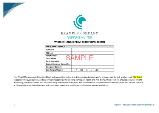 Weight Management Recording Chart - NDIS compliance document for Independent Support Workers and Providers.