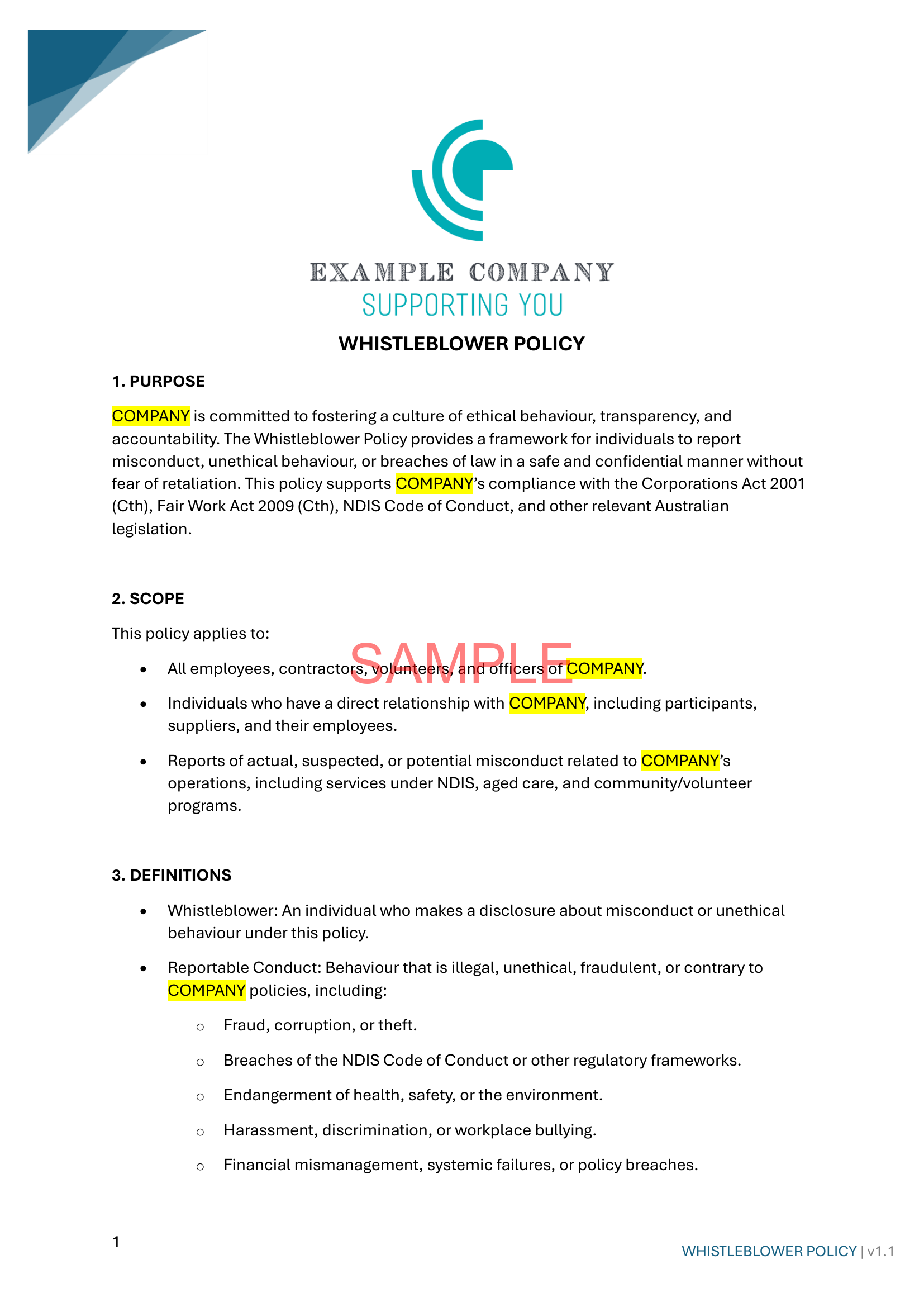 Whistleblower Policy - NDIS compliance document for Independent Support Workers and Providers.
