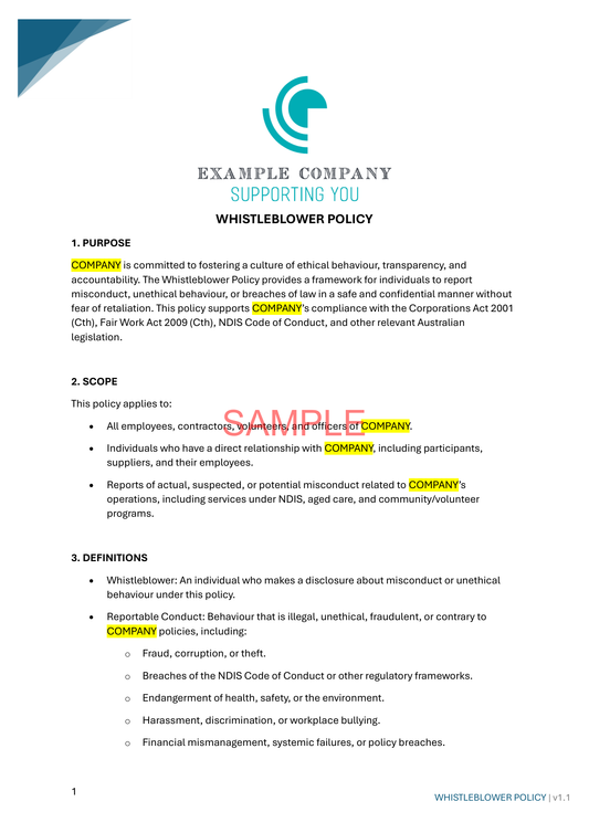 Whistleblower Policy - NDIS compliance document for Independent Support Workers and Providers.