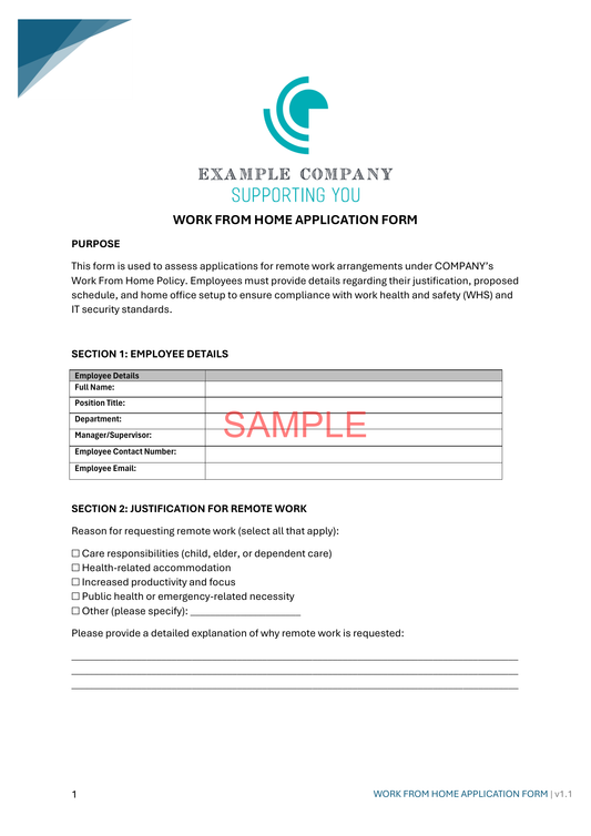 Work From Home Application Form - NDIS compliance document for Independent Support Workers and Providers.