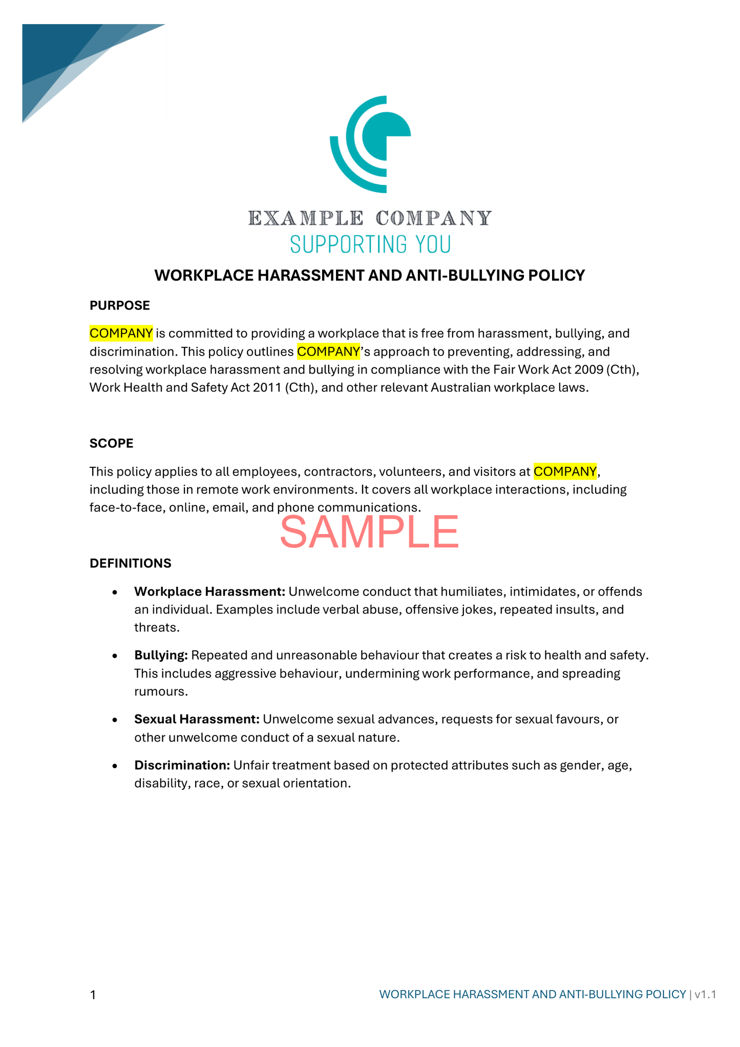 Workplace Harassment and Anti-Bullying Policy - NDIS compliance document for Independent Support Workers and Providers.