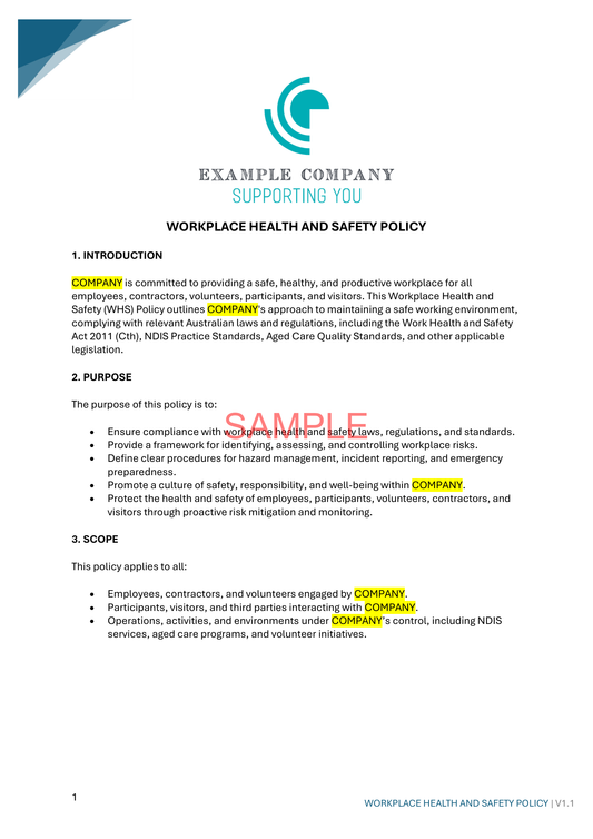 Workplace Health and Safety Policy - ISW - NDIS compliance document for Independent Support Workers and Providers.