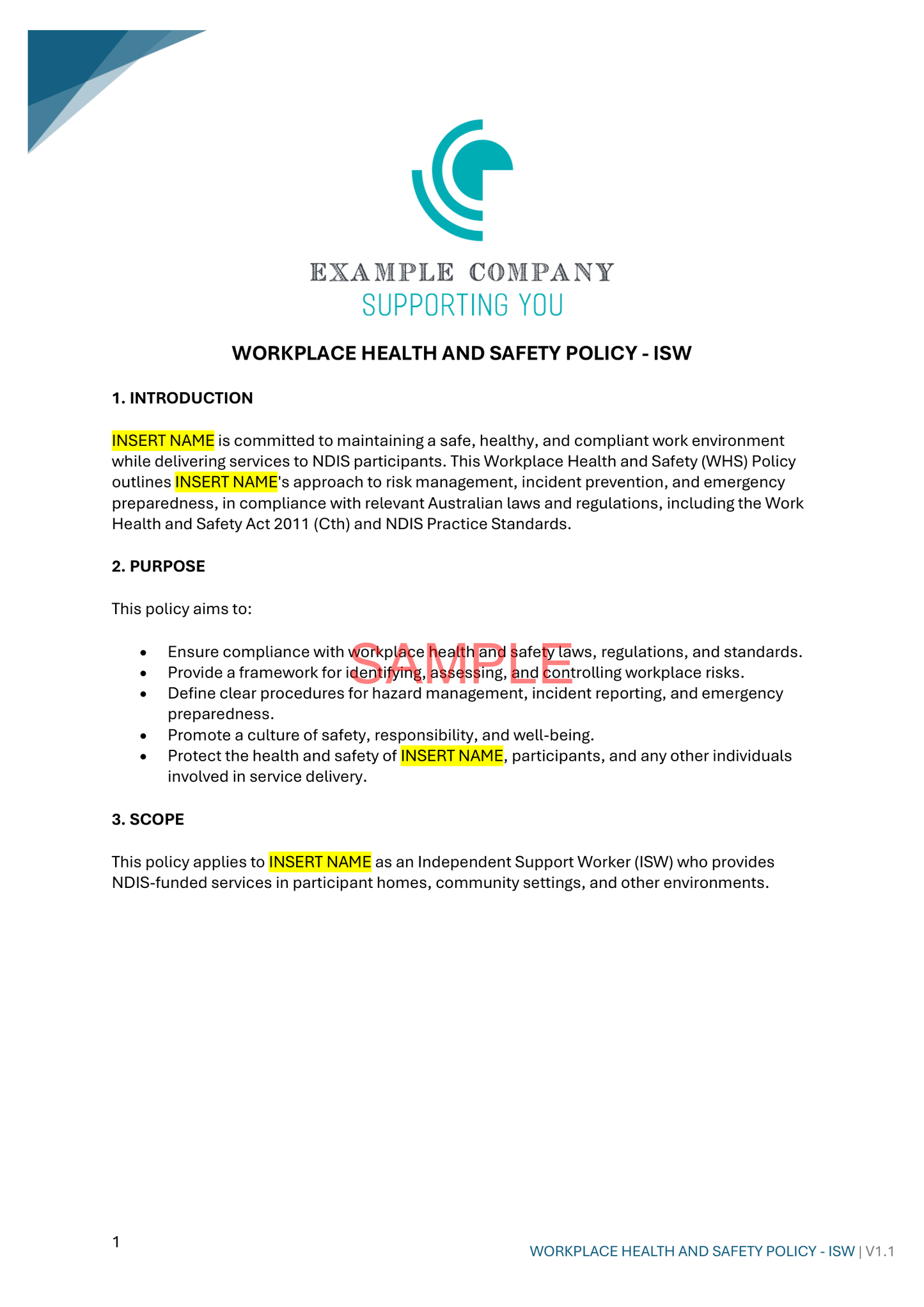 Workplace Health and Safety Policy - NDIS compliance document for Independent Support Workers and Providers.