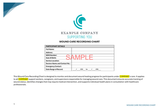 Wound Care Recording Chart - NDIS compliance document for Independent Support Workers and Providers.