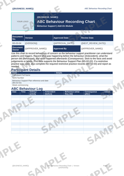 ABC Behaviour Recording Chart sample page preview