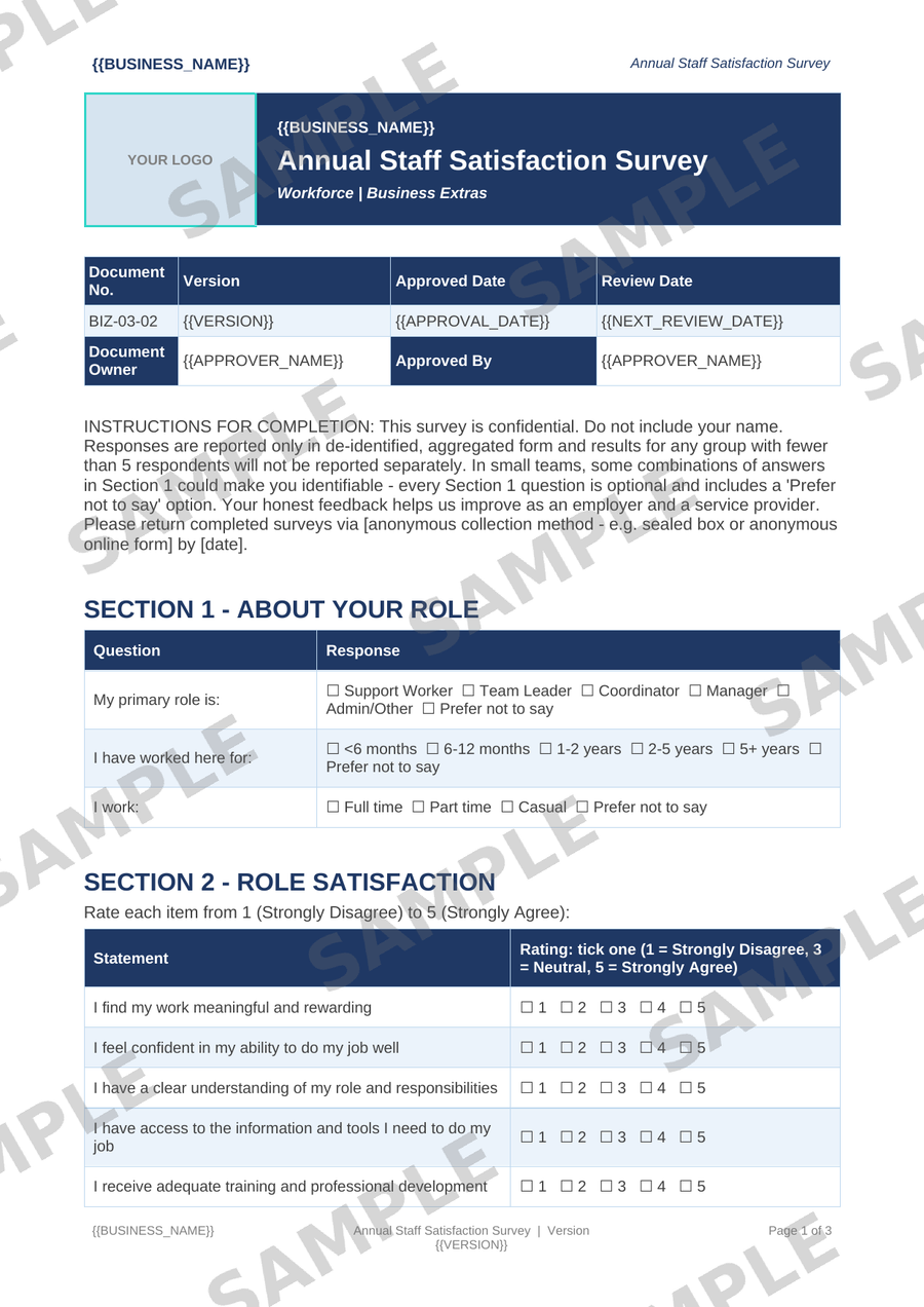 Annual Staff Satisfaction Survey sample page preview