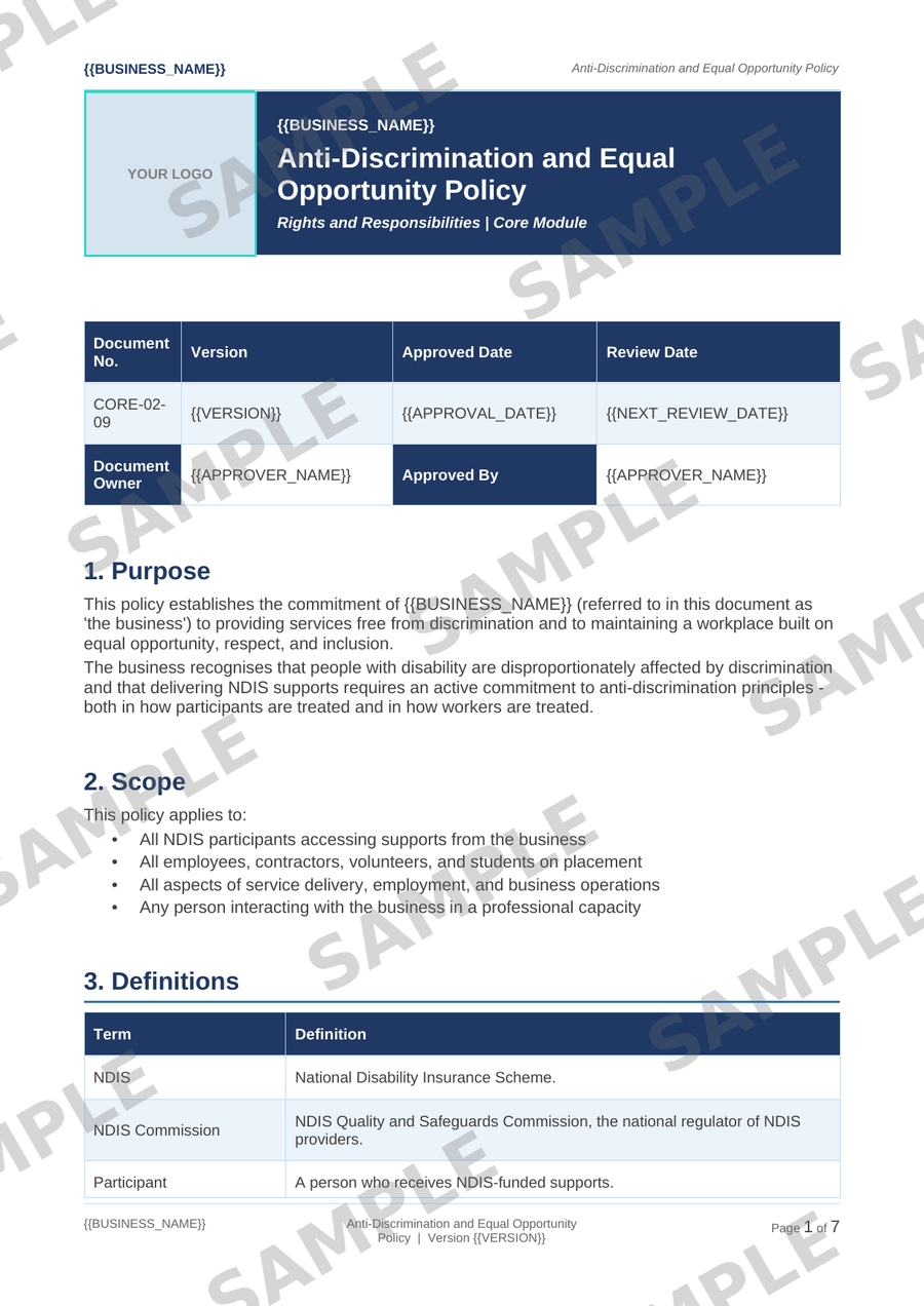 Anti-Discrimination and Equal Opportunity Policy sample page preview