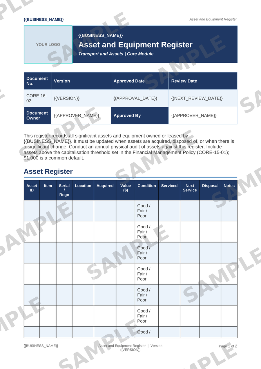 Asset and Equipment Register sample page preview