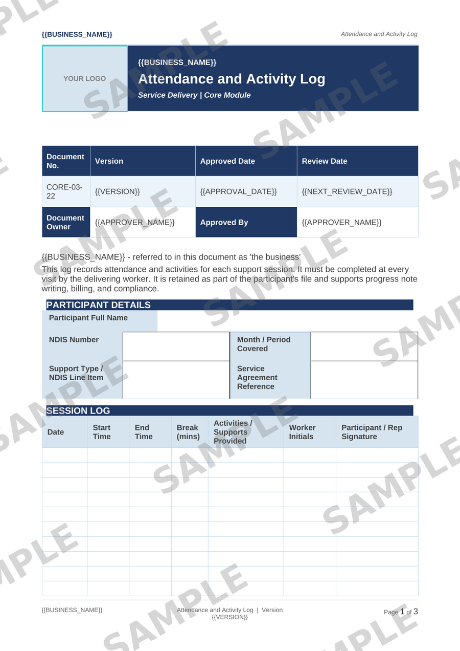 Attendance and Activity Log sample page preview