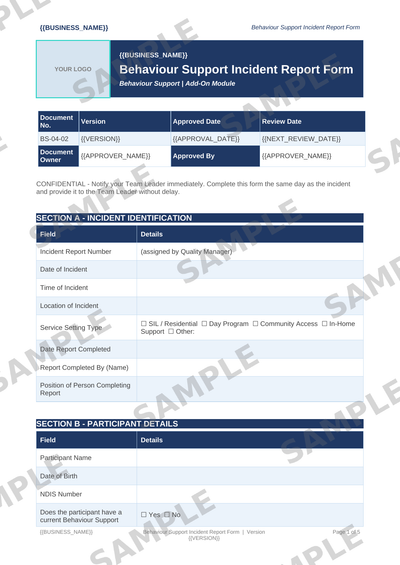 Behaviour Support Incident Report Form sample page preview