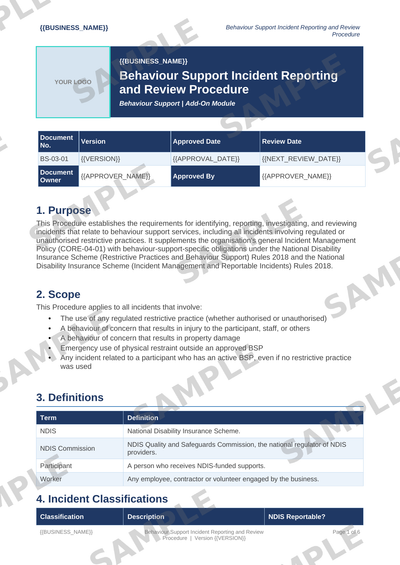 Behaviour Support Incident Reporting and Review Procedure sample page preview