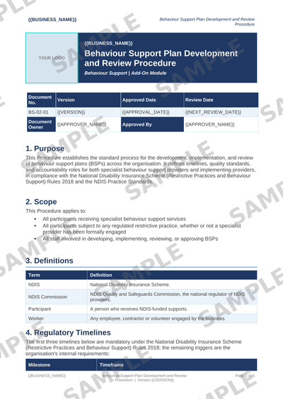 Behaviour Support Plan Development and Review Procedure sample page preview