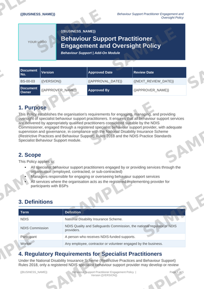 Behaviour Support Practitioner Engagement Policy sample page preview