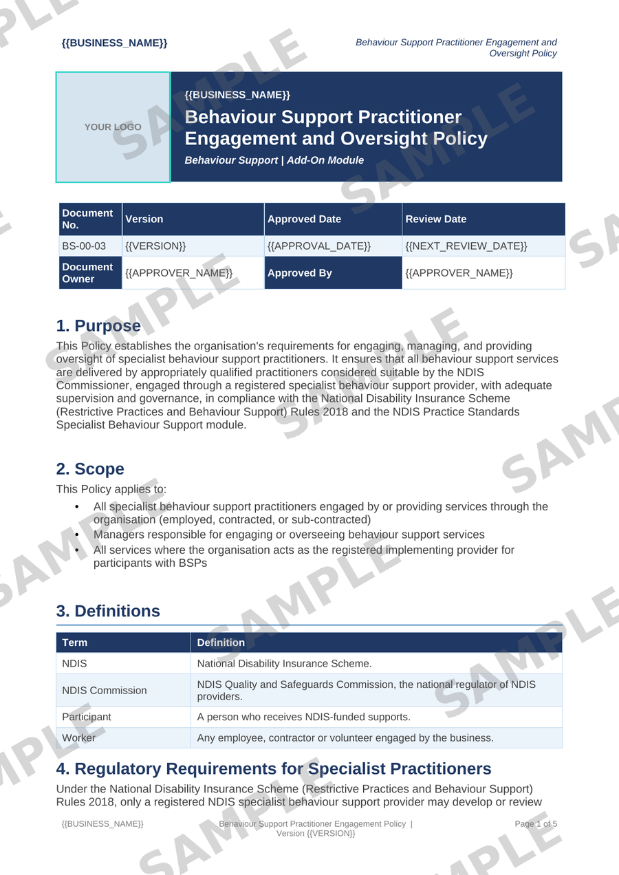 Behaviour Support Practitioner Engagement Policy sample page preview