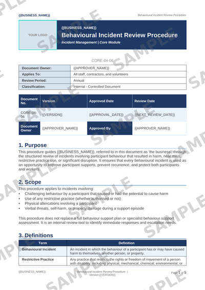 Behavioural Incident Review Procedure sample page preview