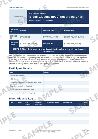 Blood Glucose (BGL) Recording Chart sample page preview
