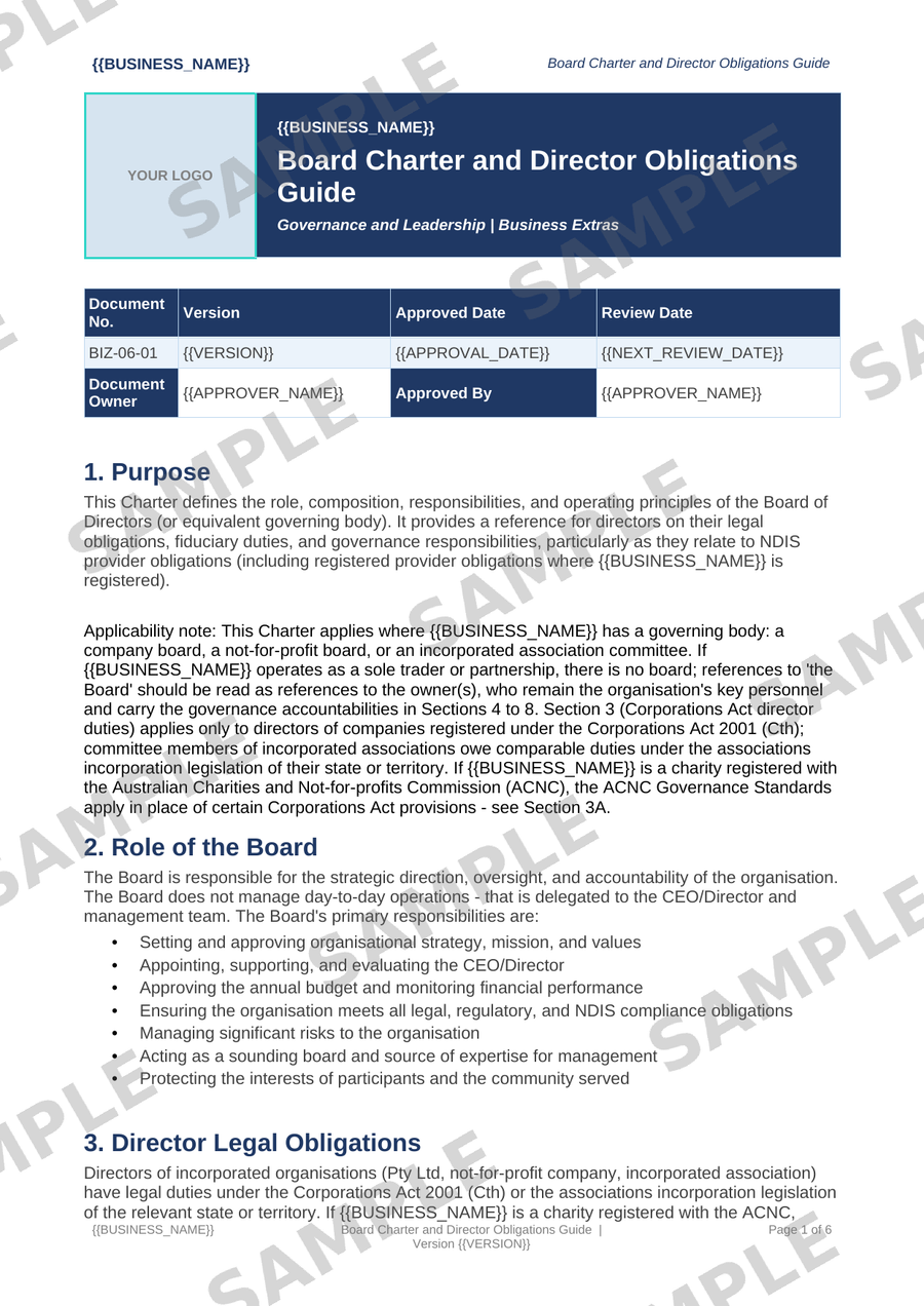 Board Charter and Director Obligations Guide sample page preview