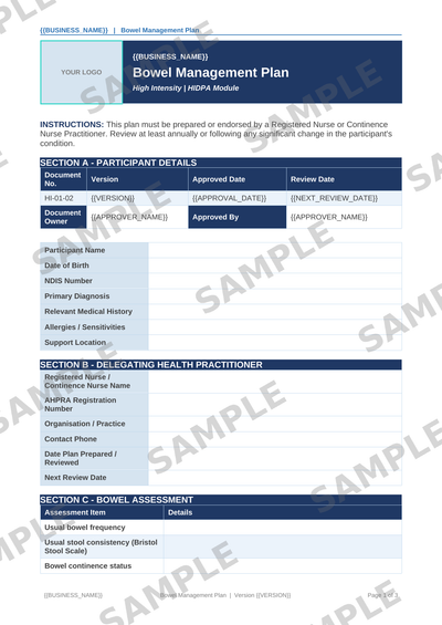 Bowel Management Plan sample page preview