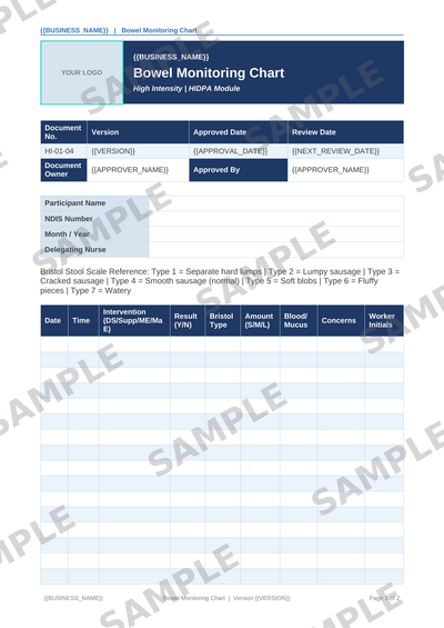 Bowel Monitoring Chart sample page preview