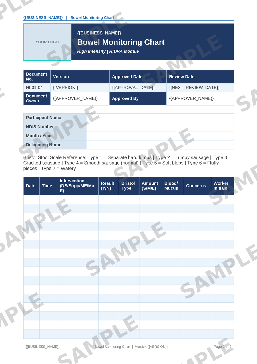 Bowel Monitoring Chart sample page preview