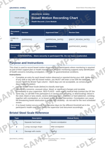 Bowel Motion Recording Chart sample page preview