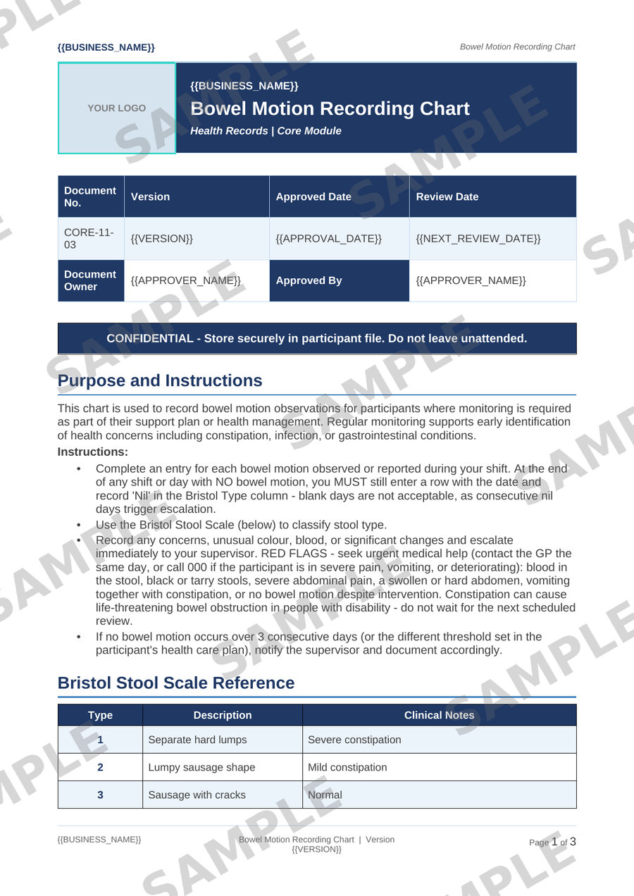 Bowel Motion Recording Chart sample page preview