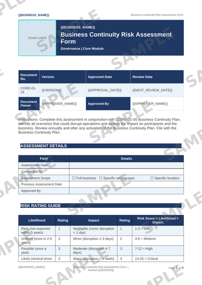 Business Continuity Risk Assessment Form sample page preview