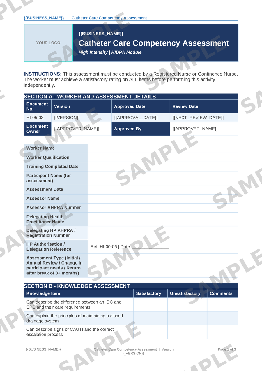 Catheter Care Competency Assessment sample page preview