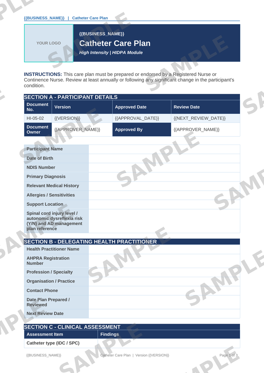 Catheter Care Plan sample page preview