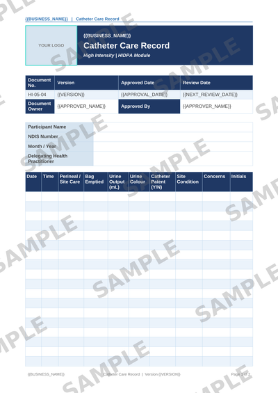 Catheter Care Record sample page preview